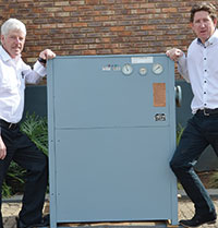 From l: Allen Cockfield and Paul Cockfield with the Kellair compressed 
air dryer launched in 1976 and sold to the Timken Bearings Company in Benoni by Allen.